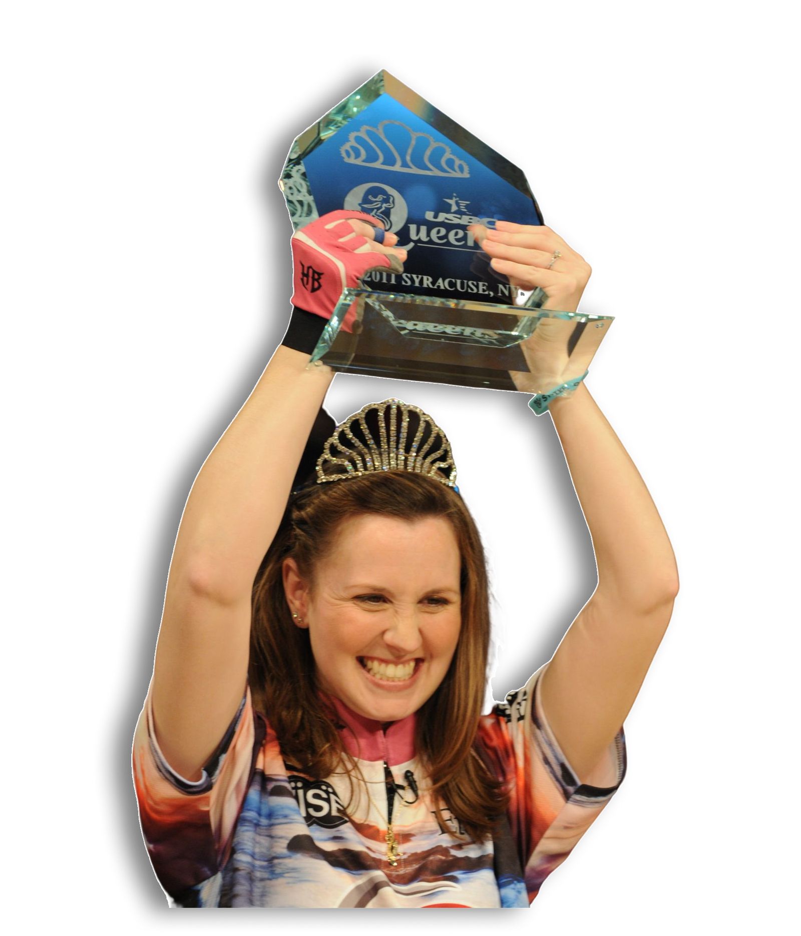 Missy Parkin holding queens trophy in her hand and celebrating